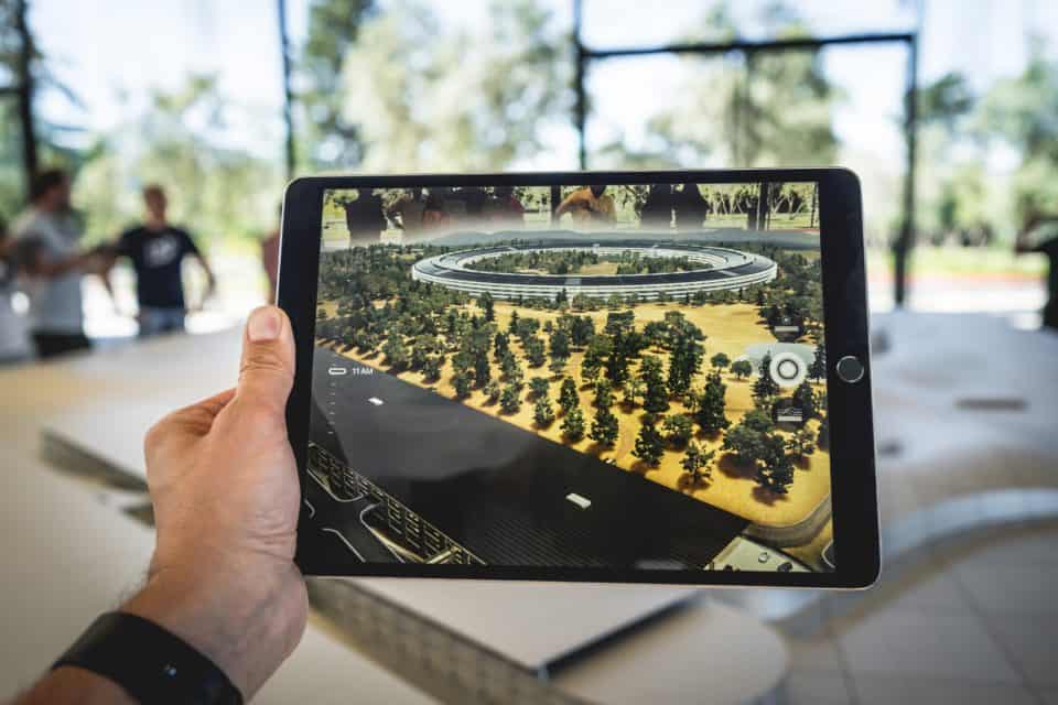 augmented reality image on ipad of Apple headquarters in California